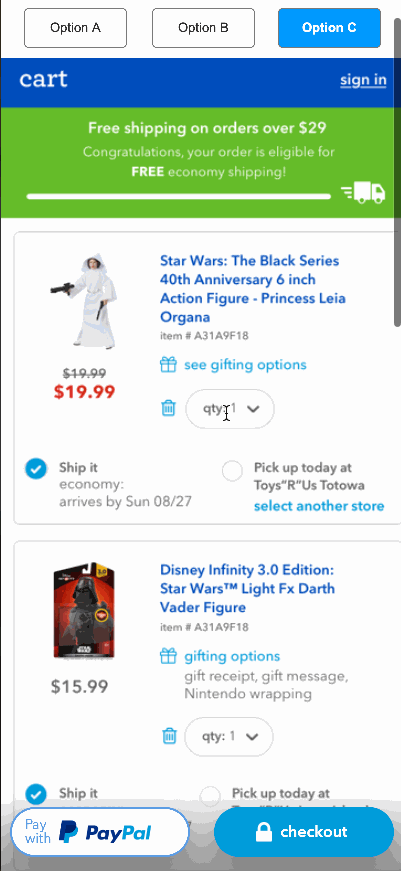 An animated GIF showing persistent checkout buttons hovering over the content.